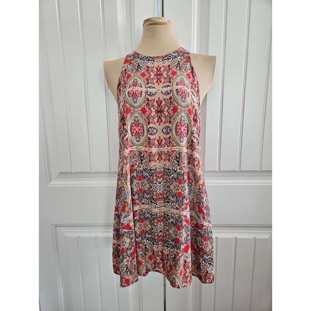 Lulus Major Red Boho Tapastry Print Keyhole Halter Swing Shift Dress size S
